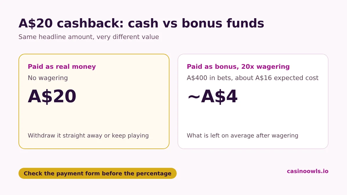 Cashback paid as cash versus as bonus funds: A$20 cash can be withdrawn at once, while A$20 bonus with 20x wagering needs A$400 in bets first