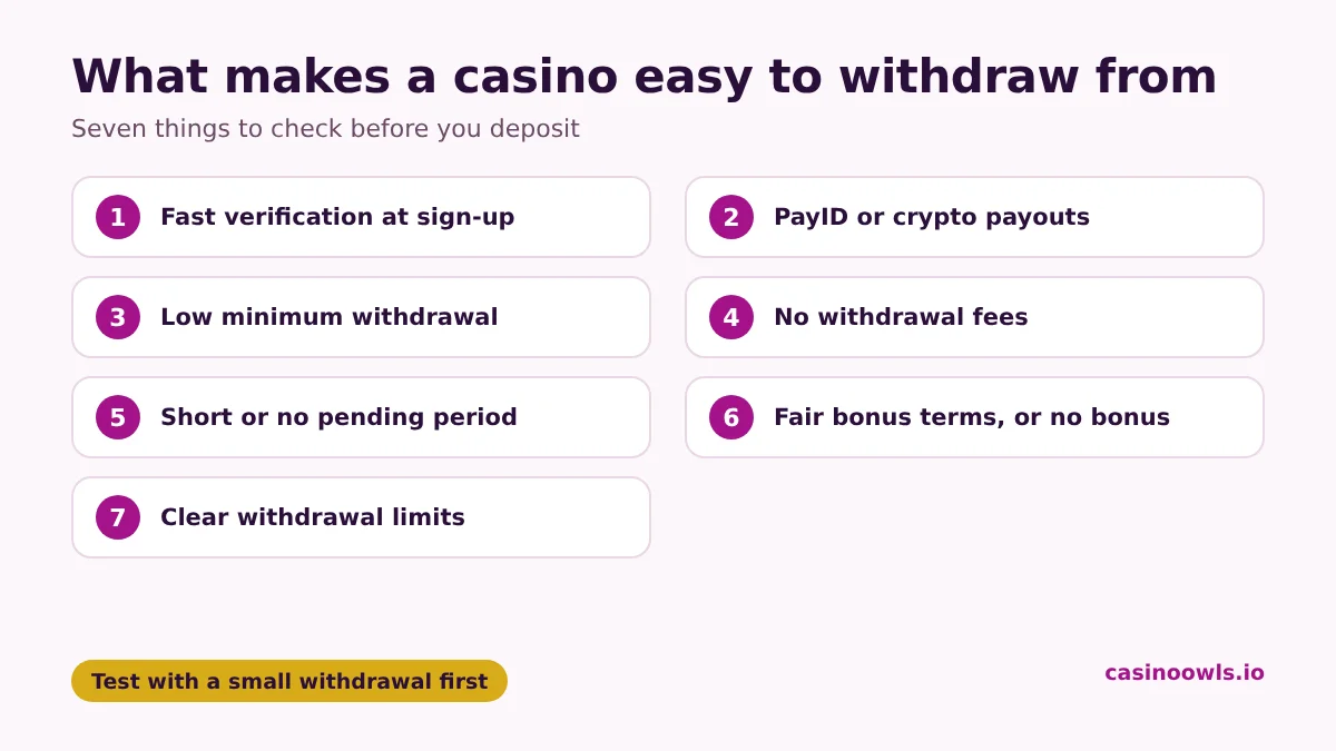 The seven things that make an online casino easy to withdraw from: fast verification, PayID or crypto payouts, a low minimum withdrawal, no withdrawal fees, a short or no pending period, fair bonus terms and clear withdrawal limits