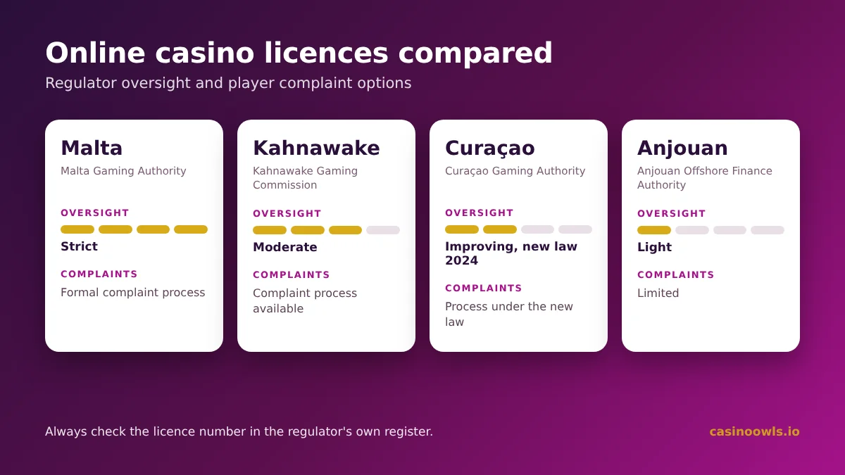 Online casino licences compared: Malta, Kahnawake, Curaçao and Anjouan by oversight and player complaint options