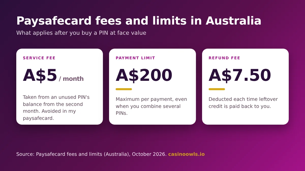 Paysafecard fees and limits in Australia: A$5 monthly service fee from the second month, A$200 maximum per payment, A$7.50 refund fee