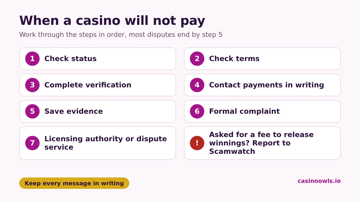 The steps to take when an online casino will not pay: check the status and terms, complete verification, contact payments in writing, save evidence, make a formal complaint, then escalate to the licensing authority or a dispute service, and report scams to Scamwatch